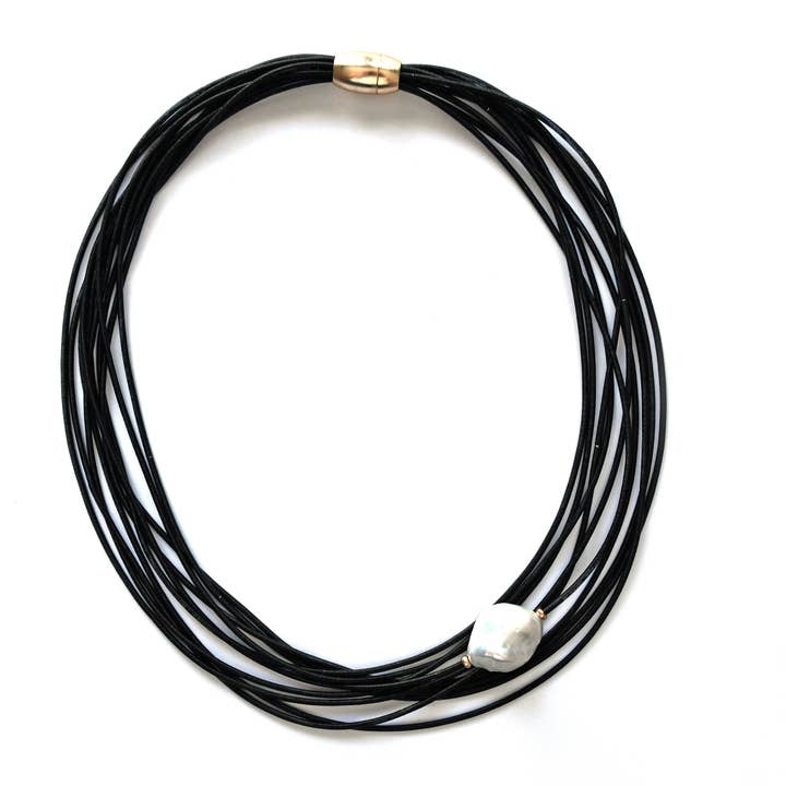 10 Strand Black Wire Beaded Necklace with Large Baroque