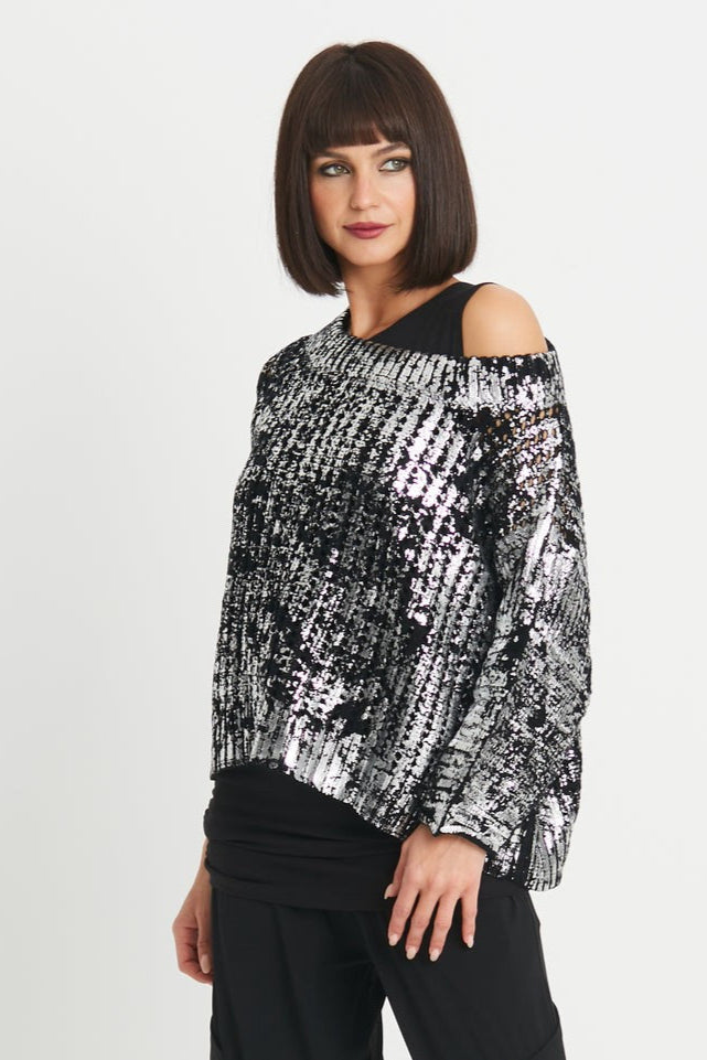 Pima Cotton Metallic Crochet Boatneck Sweater Black/Silver