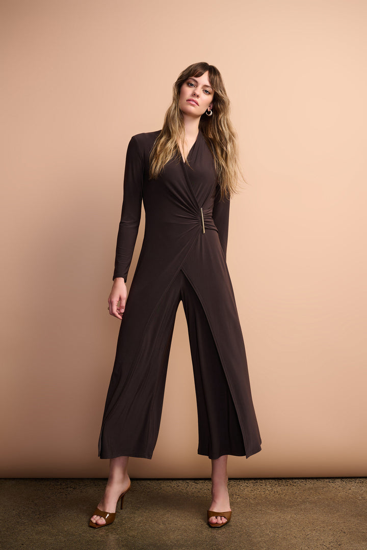 Silky Knit Wide Leg Wrap Jumpsuit with Ornament Detail