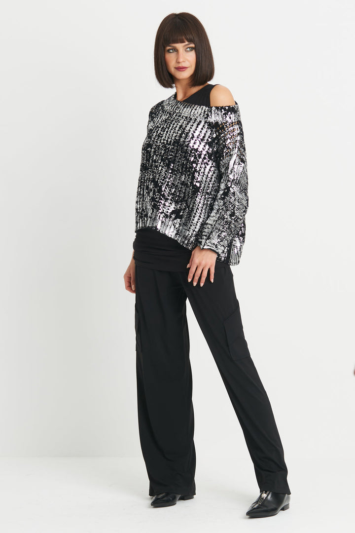 Pima Cotton Metallic Crochet Boatneck Sweater Black/Silver