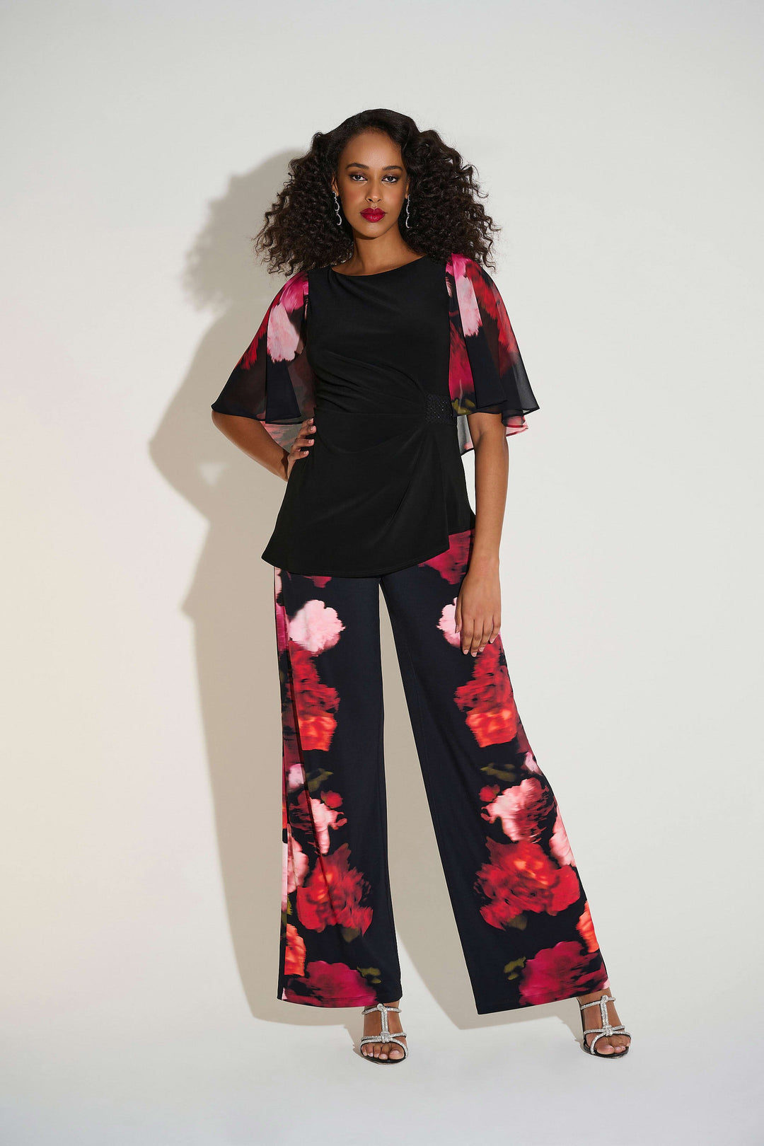 Silky Knit Top with Chiffon Floral Print Sleeves