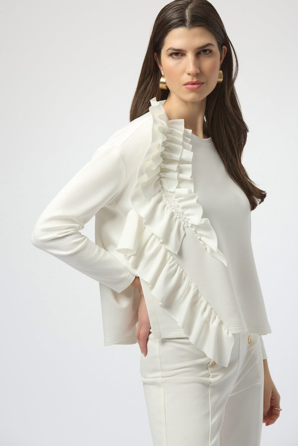 Scuba Jersey Long Sleeve Ruffled Top White