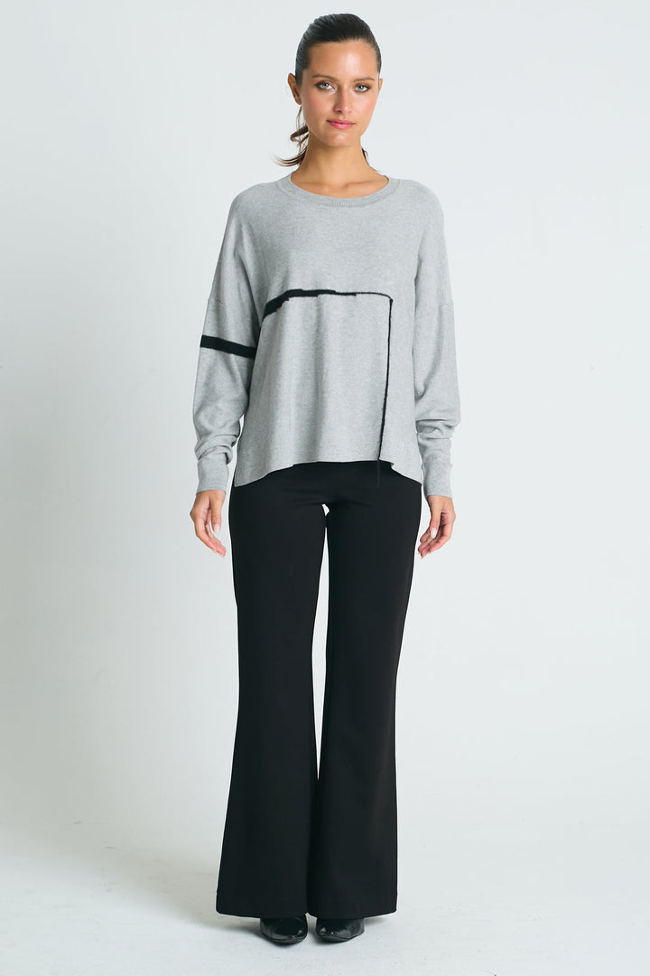 Pima Cotton Fine Line Crewneck Sweater Heather/Black