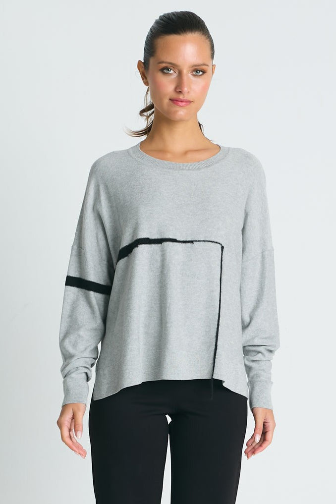 Pima Cotton Fine Line Crewneck Sweater Heather/Black