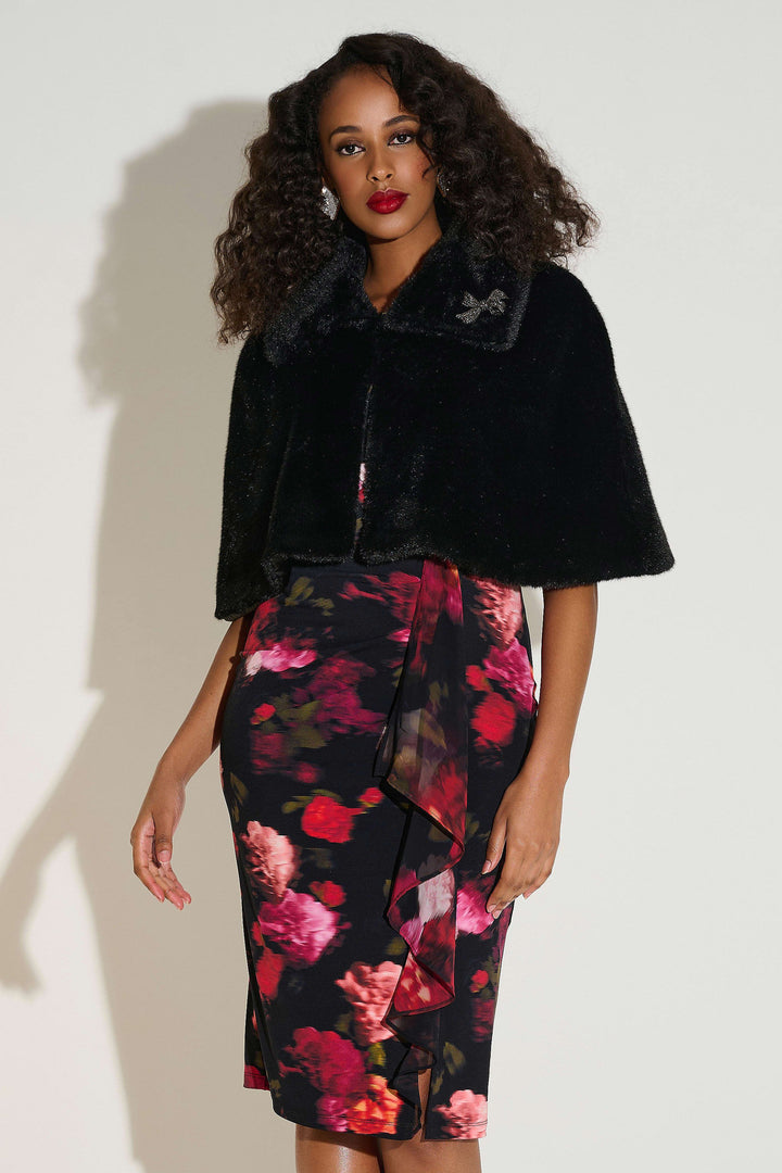 Faux Fur Cape with Crystal Brooch Black