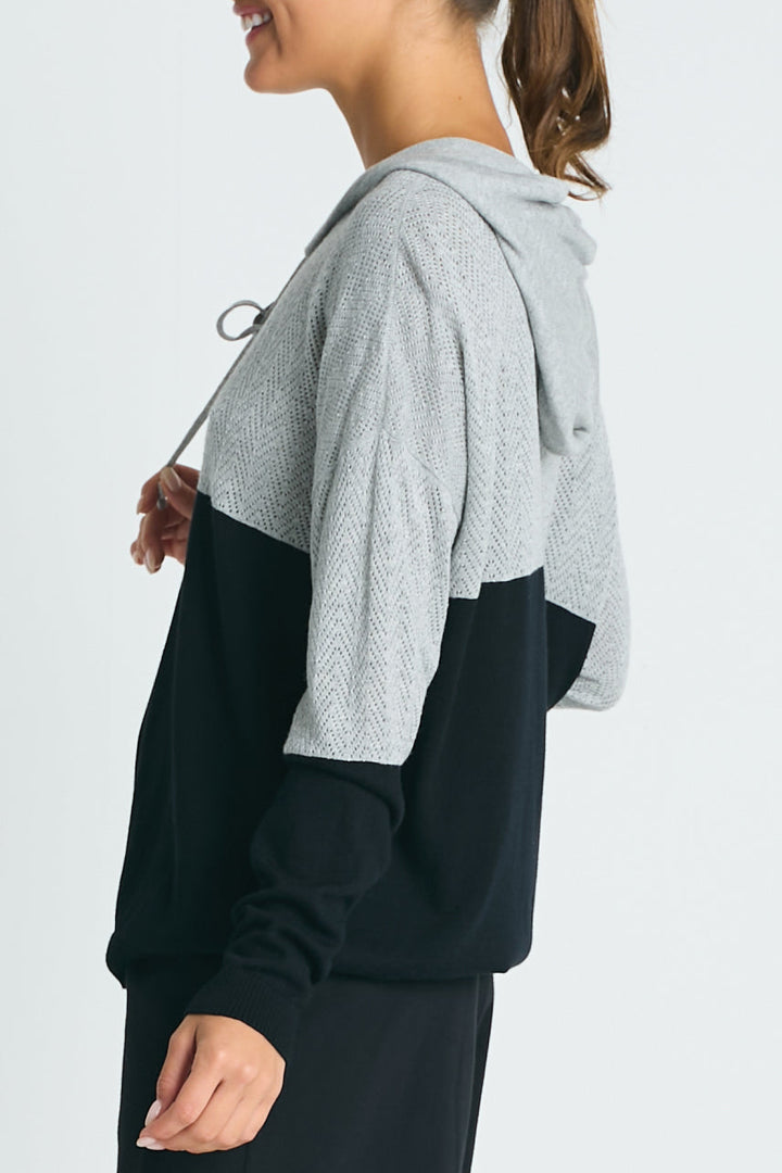 Pima Cotton 2 Tone Pointelle Hoodie Black/Heather