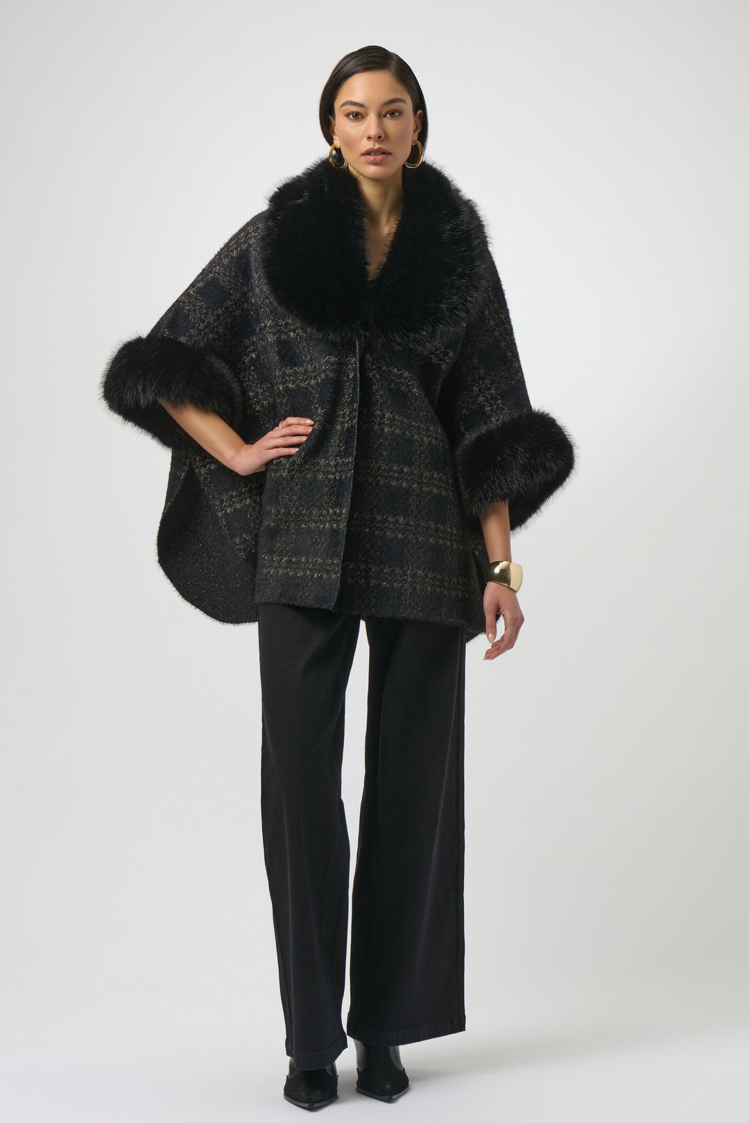 Jacquard Sweater Knit Cape with Faux Fur Accents