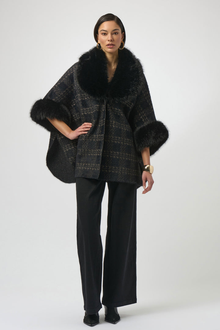 Jacquard Sweater Knit Cape with Faux Fur Accents