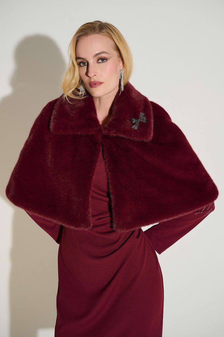 Faux Fur Cape with Crystal Brooch Merlot