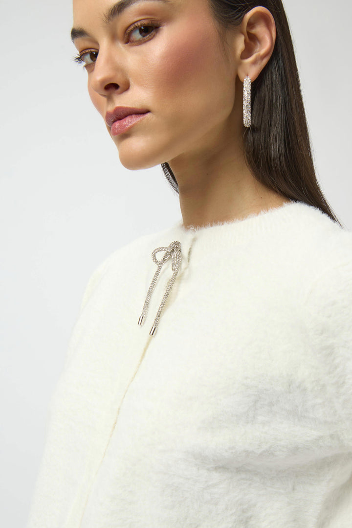 Feather Yarn Cardigan with Rhinestone Bow White