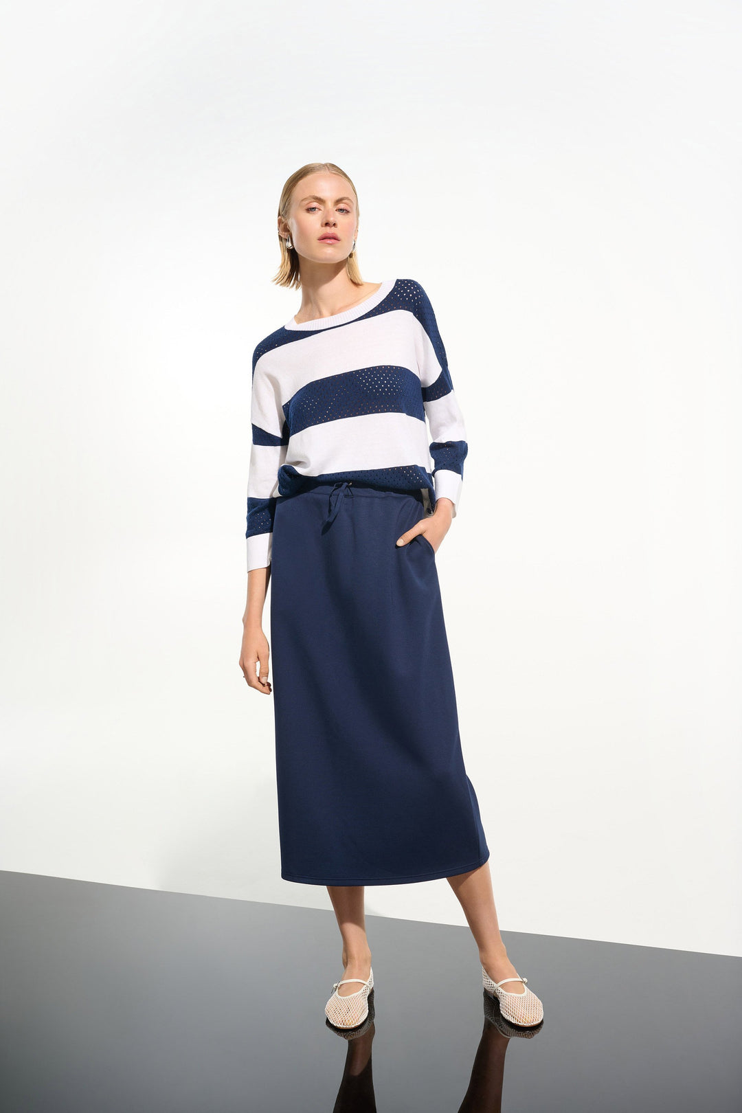 Cotton Blend Stripe Print Crewneck Sweater