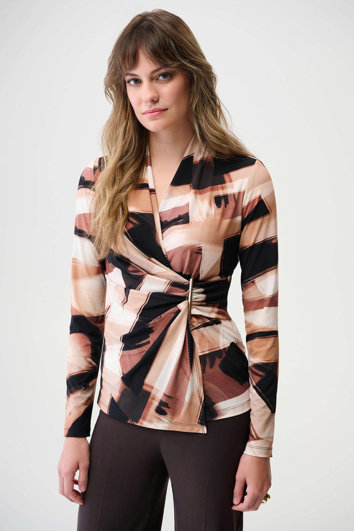 Silky Knit Abstract Print Fitted Wrap Top