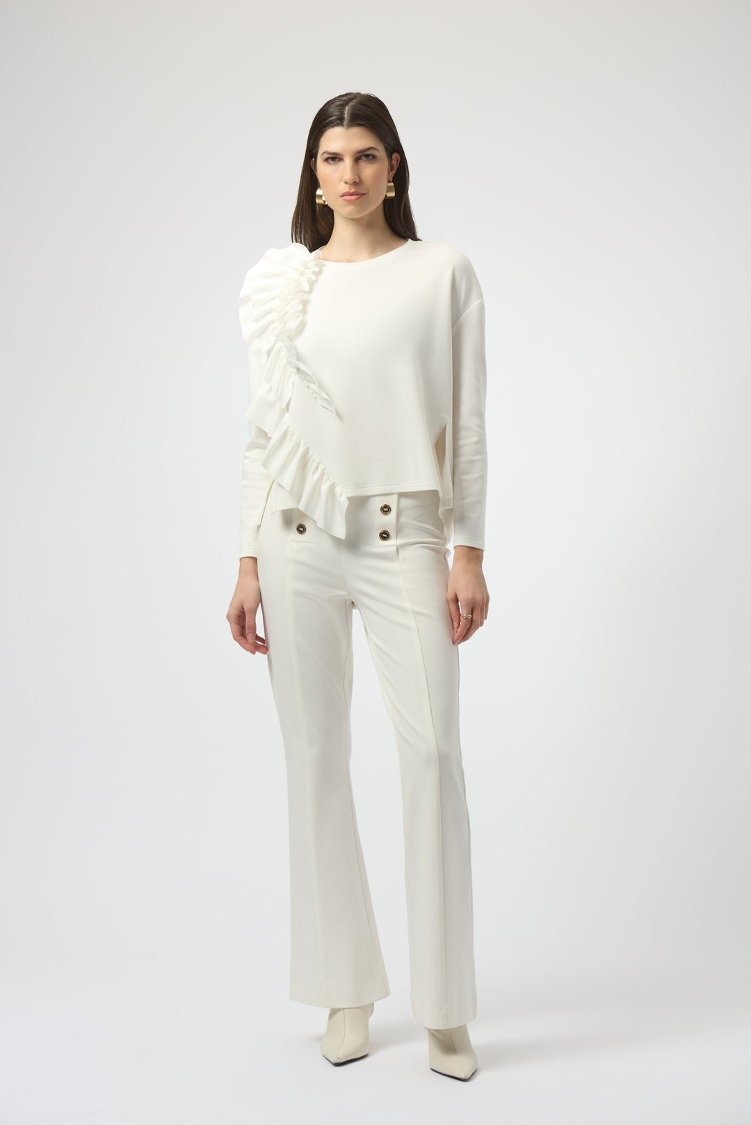Scuba Jersey Long Sleeve Ruffled Top White