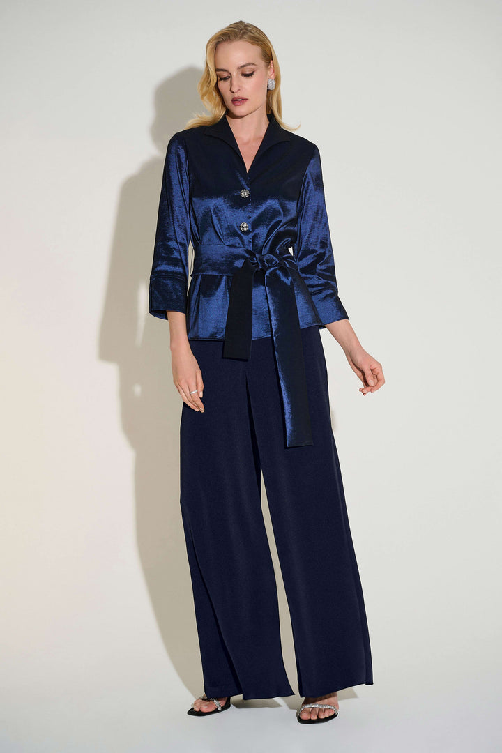 Satin Wide Leg Pants with Front Overlay Midnight Blue