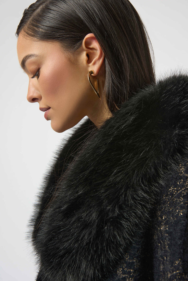 Jacquard Sweater Knit Cape with Faux Fur Accents