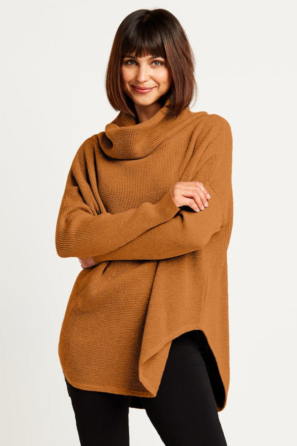 Pima Cotton Waffle Cowl Sweater Chestnut
