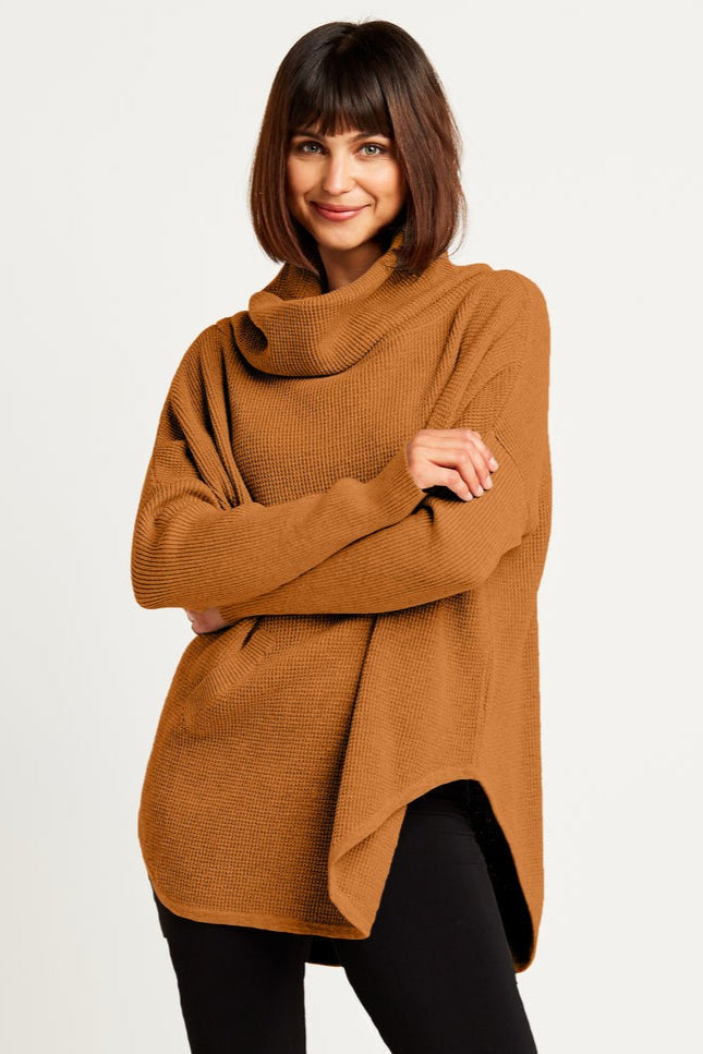 Pima Cotton Waffle Cowl Sweater Chestnut