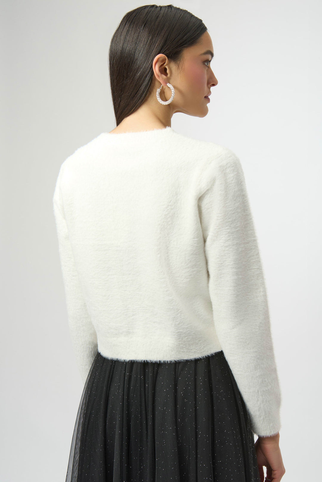 Feather Yarn Cardigan with Rhinestone Bow White
