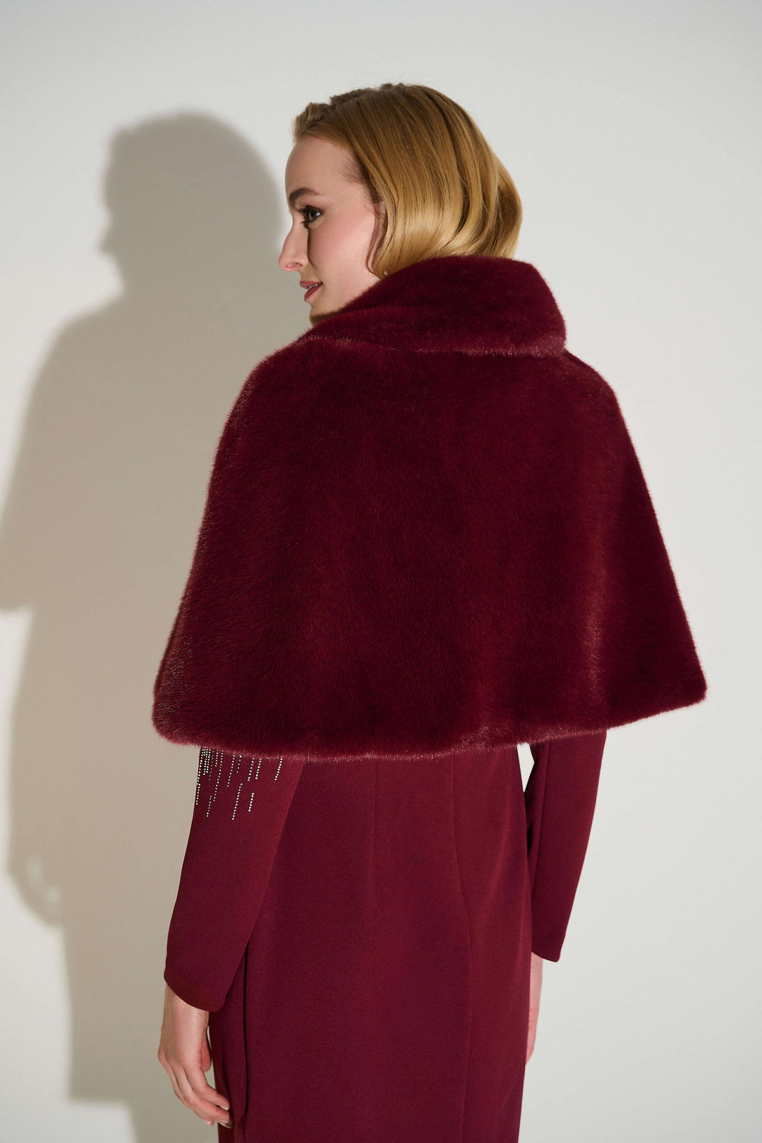 Faux Fur Cape with Crystal Brooch Merlot