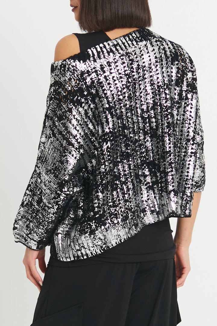 Pima Cotton Metallic Crochet Boatneck Sweater Black/Silver