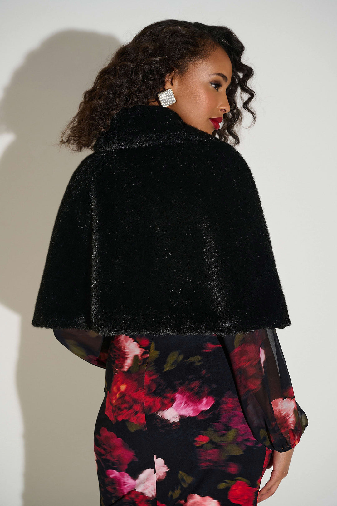 Faux Fur Cape with Crystal Brooch Black