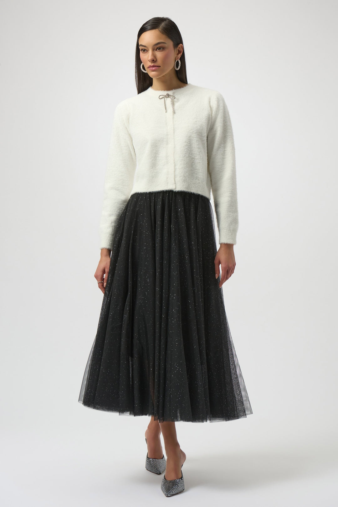 Feather Yarn Cardigan with Rhinestone Bow White