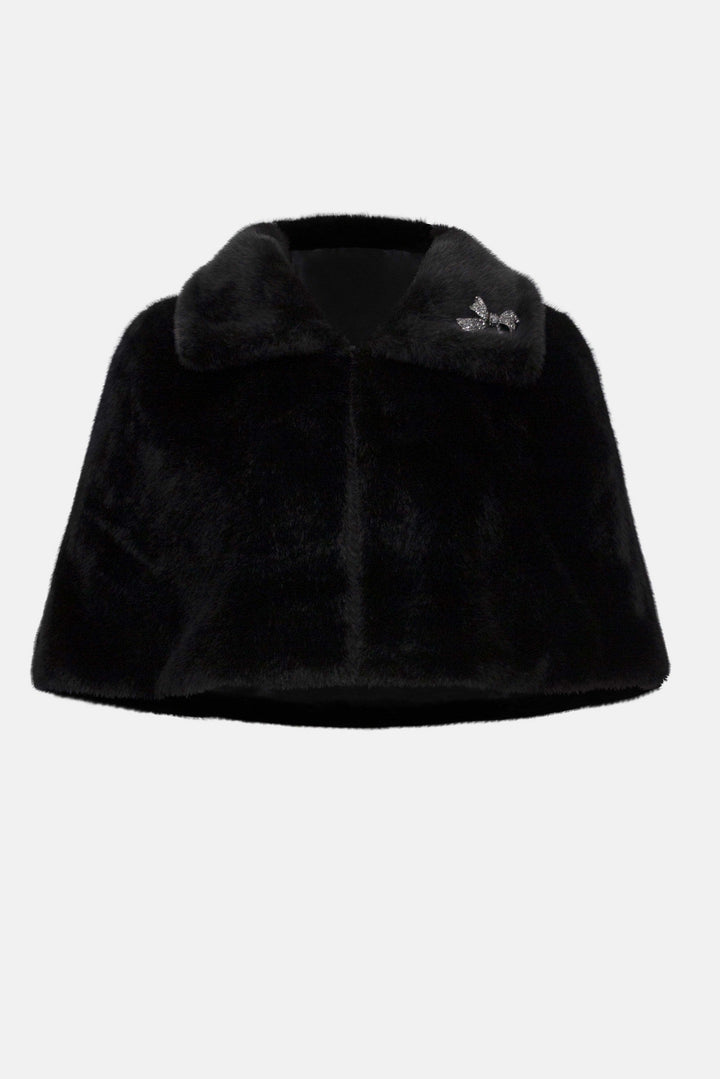 Faux Fur Cape with Crystal Brooch Black