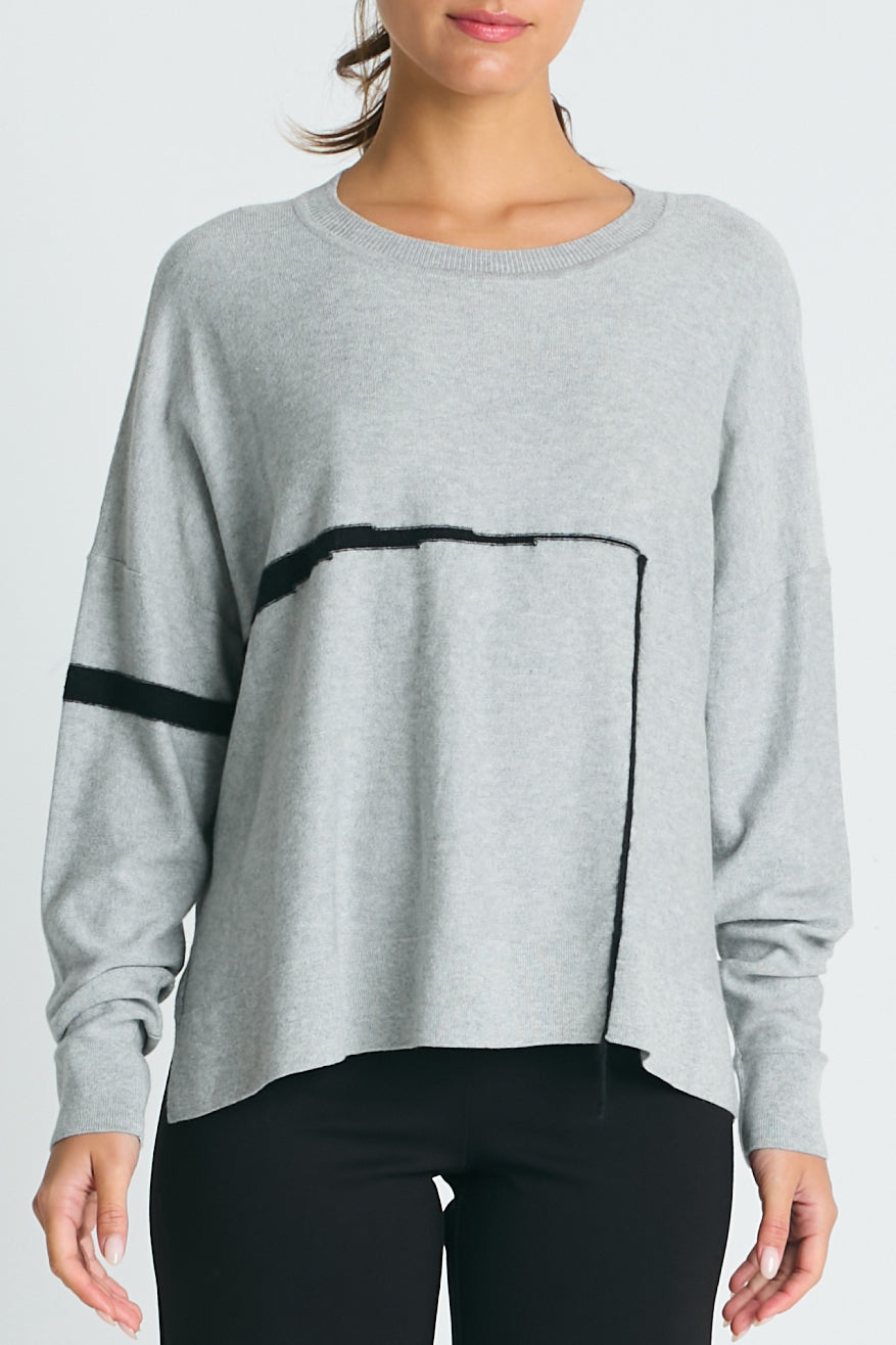 Pima Cotton Fine Line Crewneck Sweater Heather/Black
