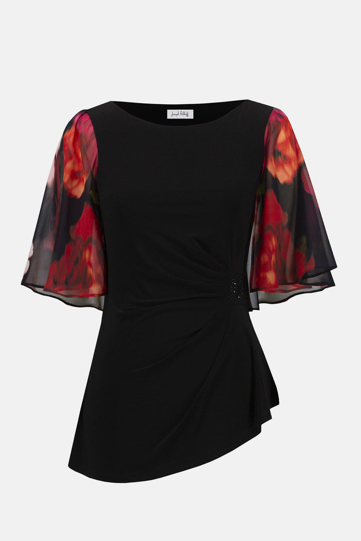 Silky Knit Top with Chiffon Floral Print Sleeves