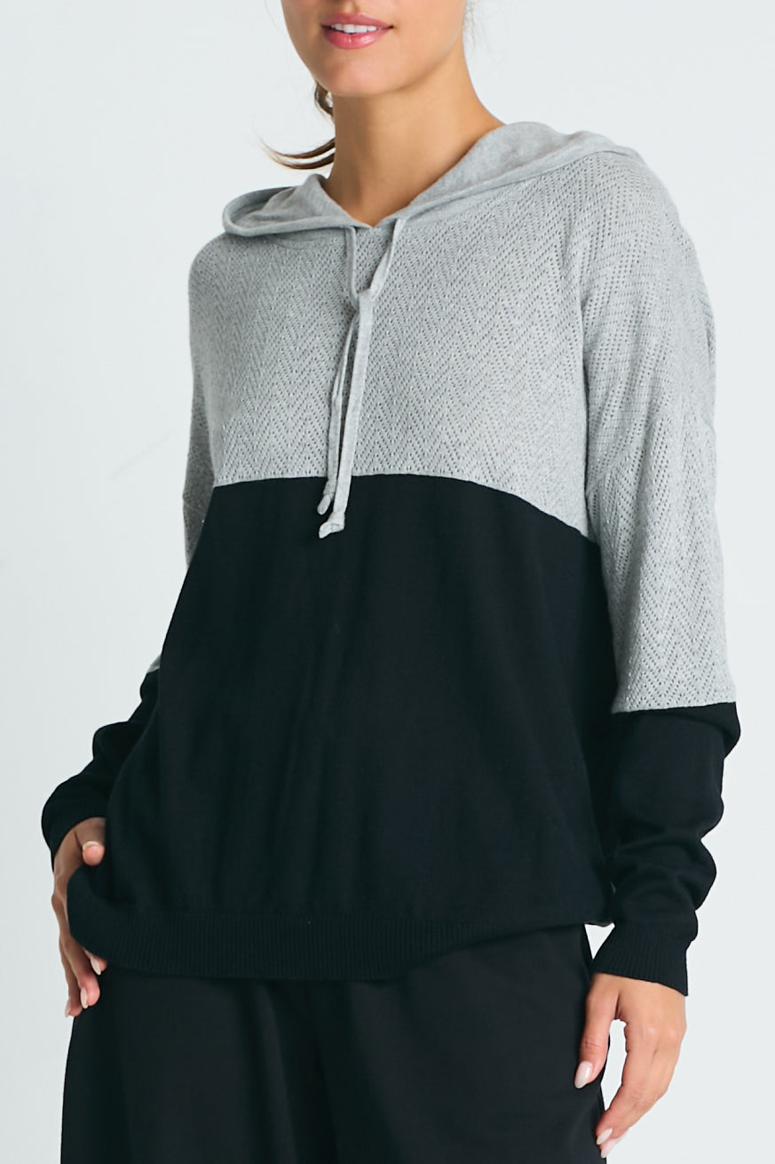 Pima Cotton 2 Tone Pointelle Hoodie Black/Heather