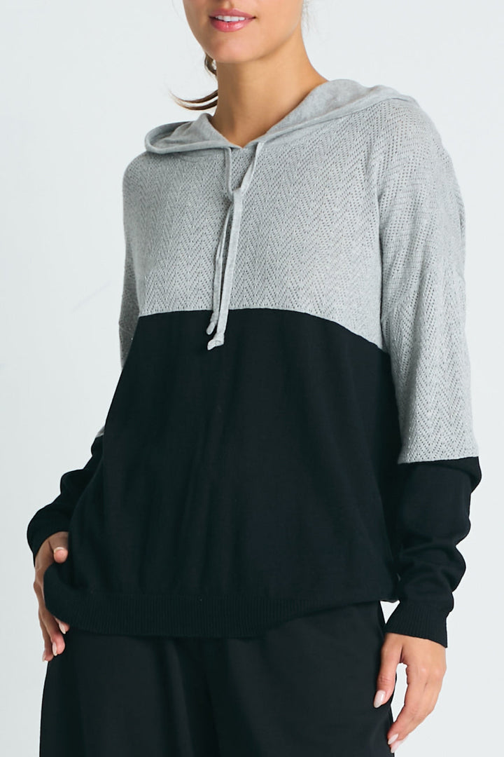 Pima Cotton 2 Tone Pointelle Hoodie Black/Heather