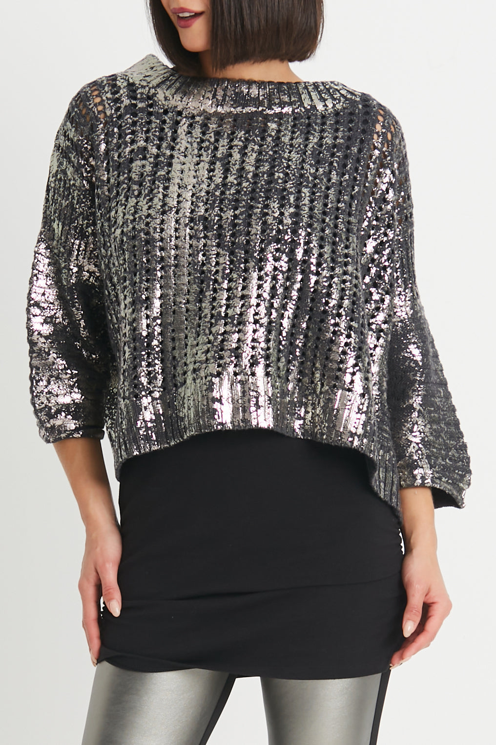 Pima Cotton Metallic Crochet Boatneck Sweater Black/Silver