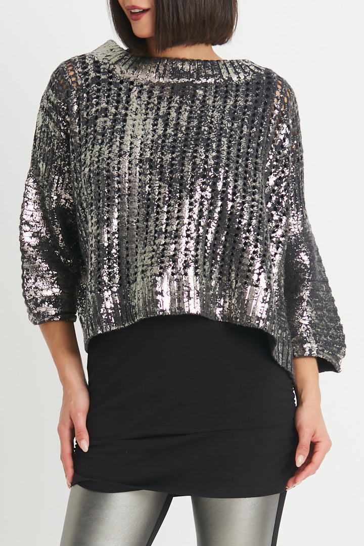Pima Cotton Metallic Crochet Boatneck Sweater Black/Silver