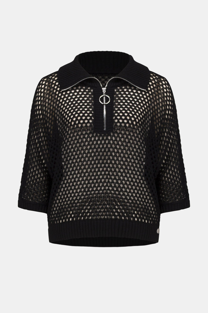 Vicscose Blend Boxy Sweater Knit With Zipped Neckline Black