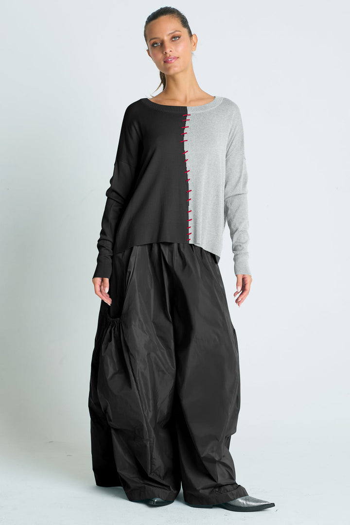 Pima Cotton 1/2 Whipped Crewneck Sweater Black/Heather