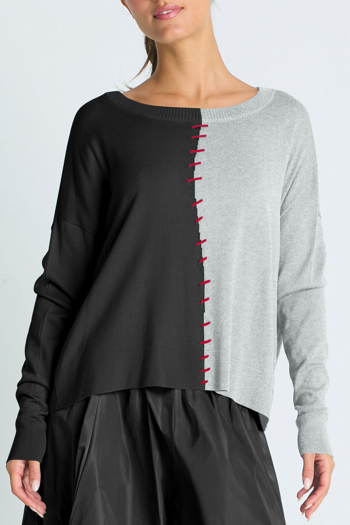 Pima Cotton 1/2 Whipped Crewneck Sweater Black/Heather