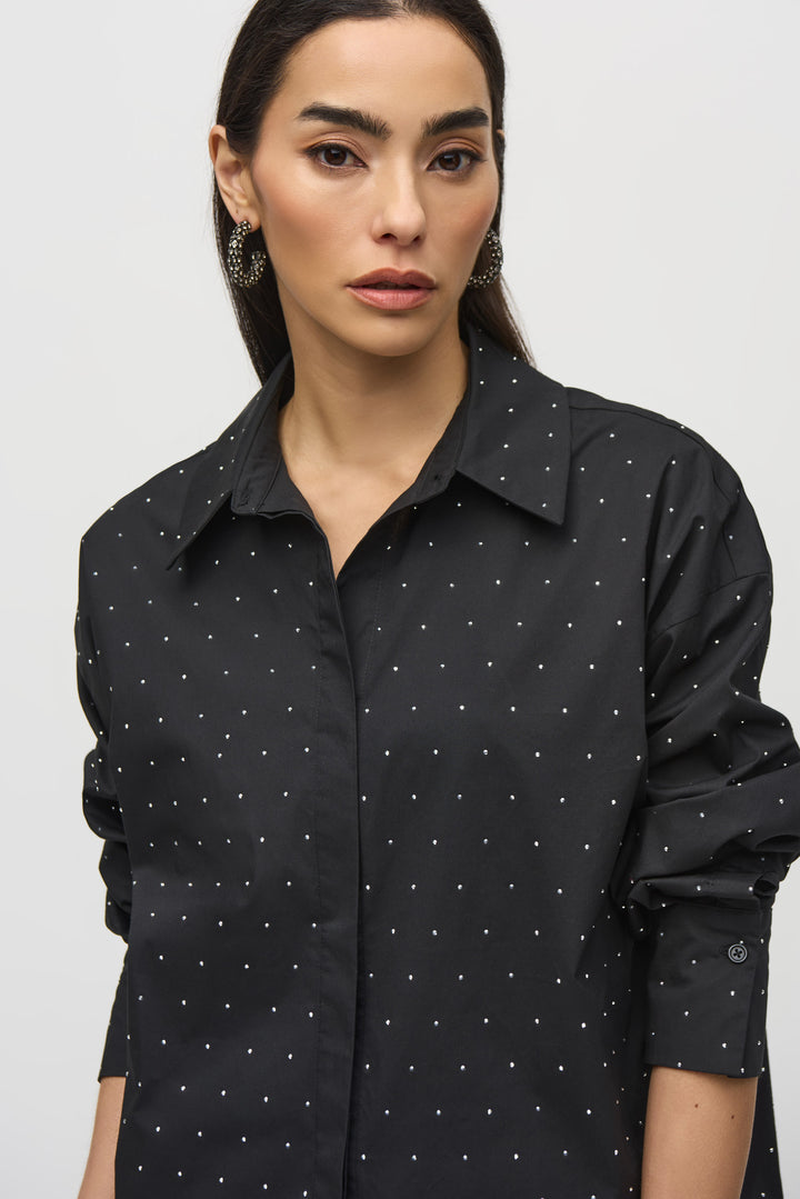 Stretch Cotton Blouse With Rhinestones