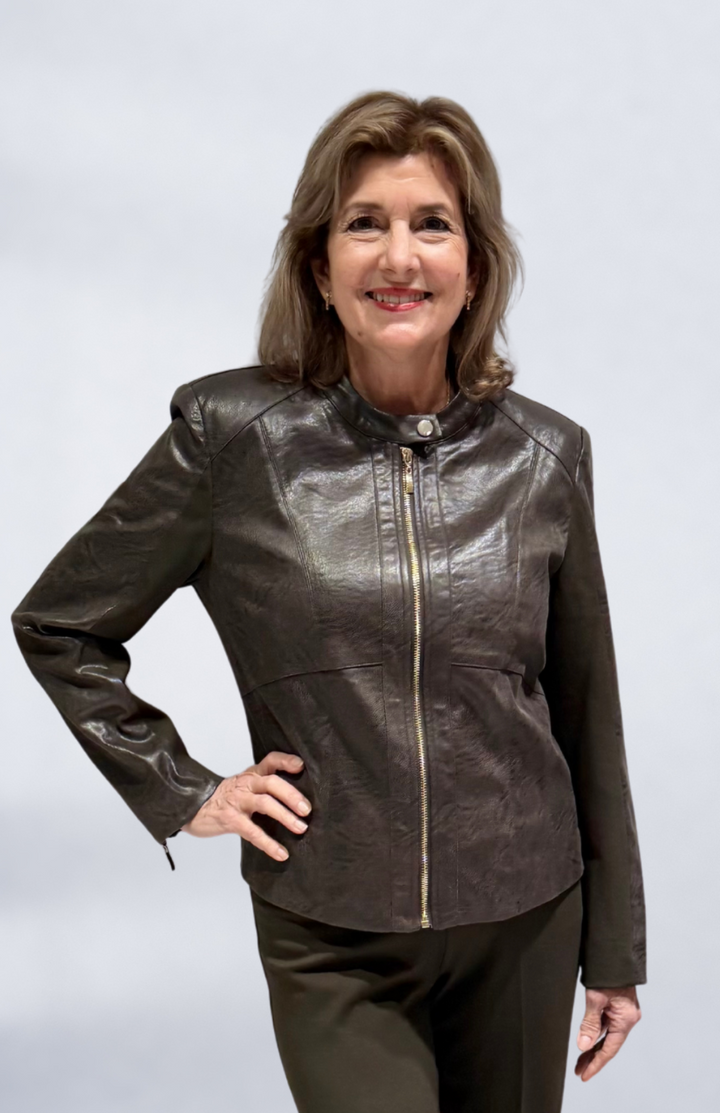 Vegan Leather and Scuba Combo Jacket in Olive