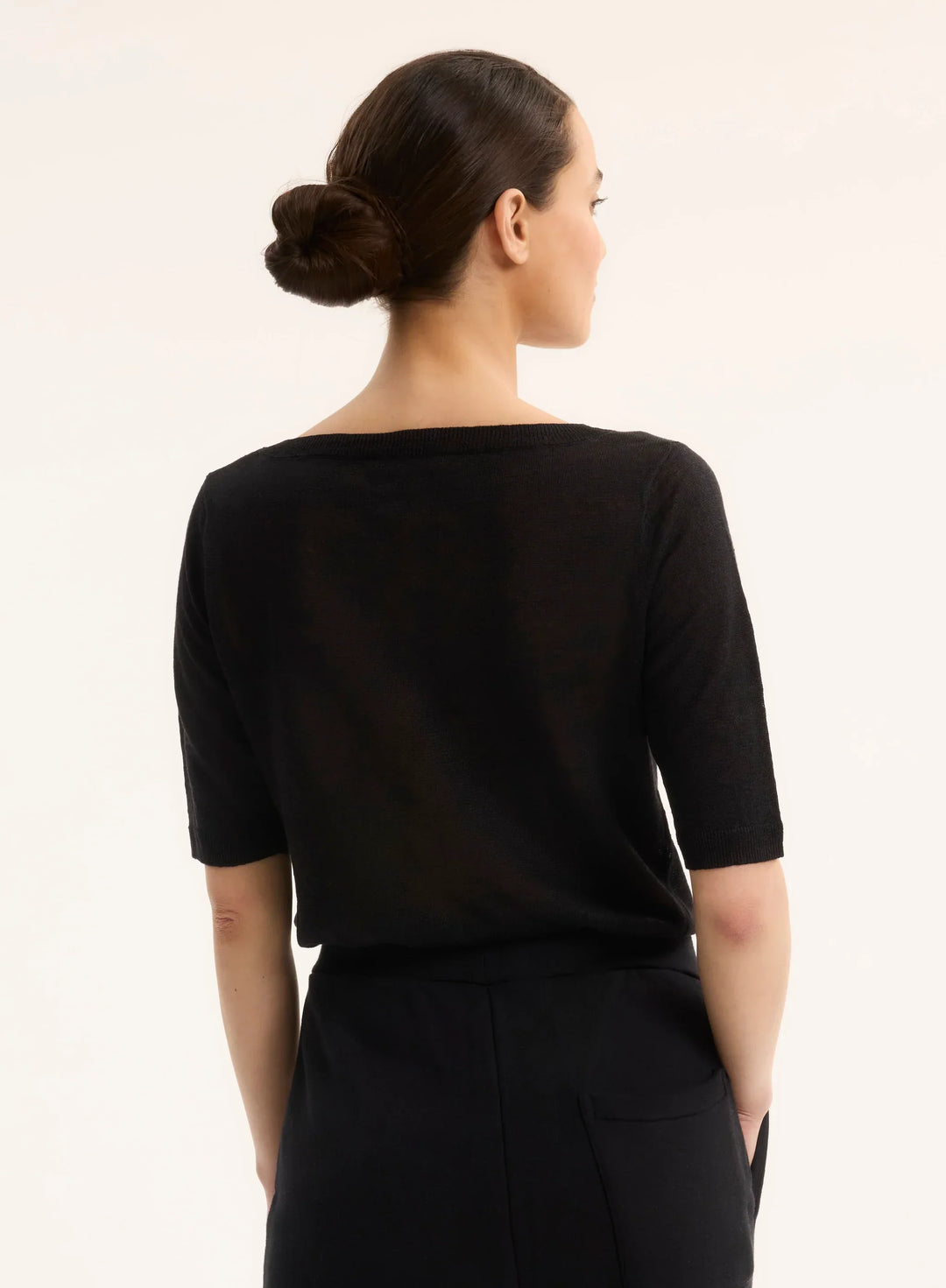 Stretch Linen Knit Three Quarter Sleeve Boatneck