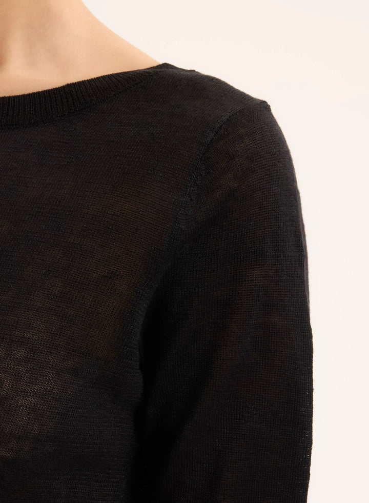 Stretch Linen Knit Three Quarter Sleeve Boatneck
