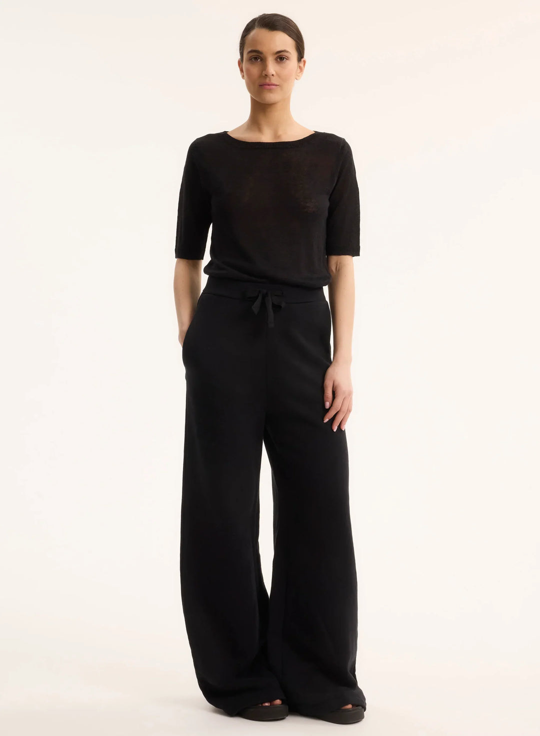Stretch Linen Knit Three Quarter Sleeve Boatneck