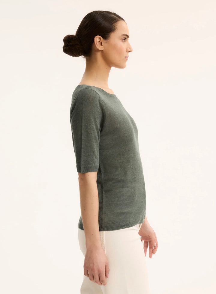 Stretch Linen Knit Three Quarter Sleeve Boatneck