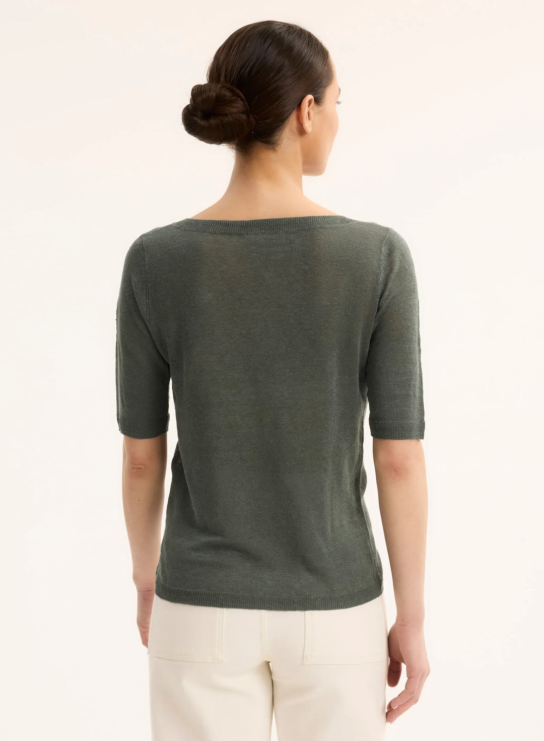Stretch Linen Knit Three Quarter Sleeve Boatneck