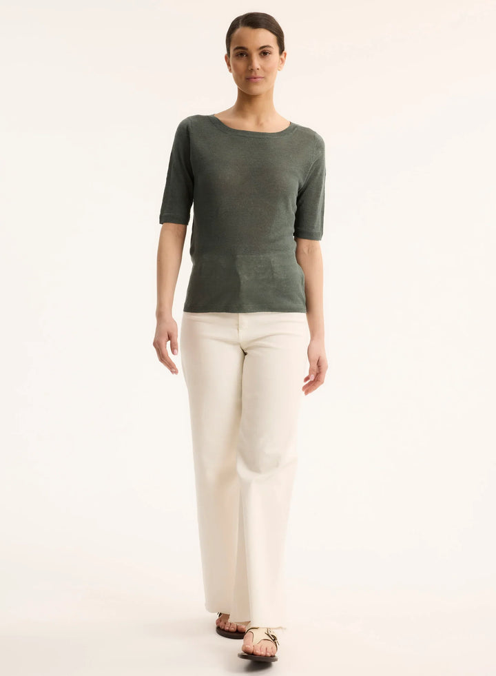 Stretch Linen Knit Three Quarter Sleeve Boatneck