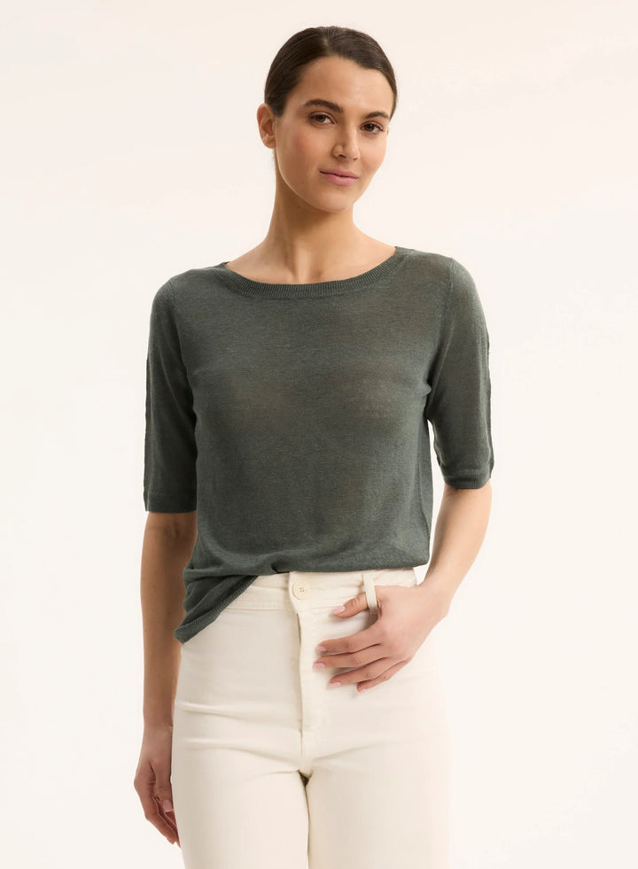 Stretch Linen Knit Three Quarter Sleeve Boatneck