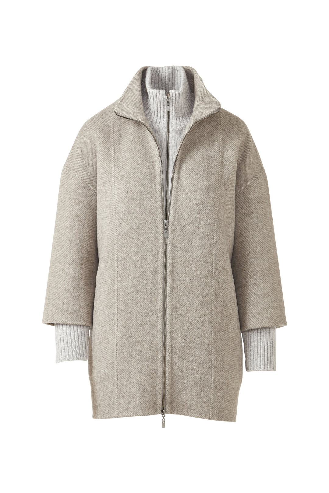 BRUSHED HERRINGBONE ZIP MOCK COAT