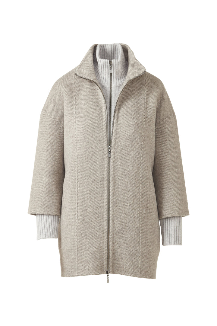 BRUSHED HERRINGBONE ZIP MOCK COAT