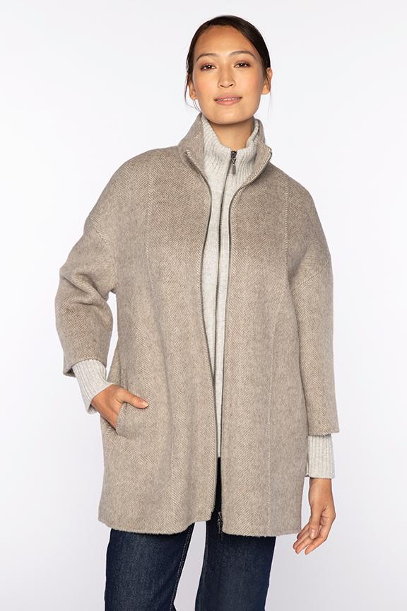 BRUSHED HERRINGBONE ZIP MOCK COAT