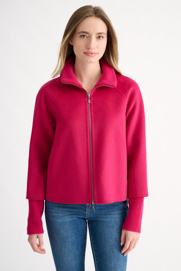KNIT TRIM ZIP MOCK COAT
