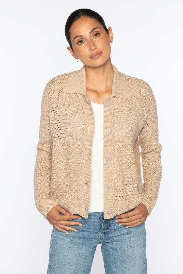 MIXED TEXTURE COLLARED CARDIGAN
